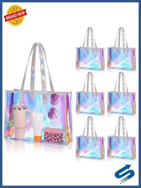 6-Pack Iridescent PVC Tote Bags with Handles, Holographic Gift Bags for